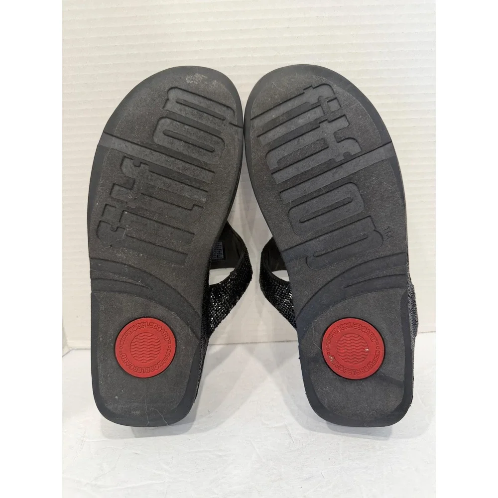 FitFlop LULU Black Crystal Microwobbleboard Wedge Thong Comfort Sandals 10